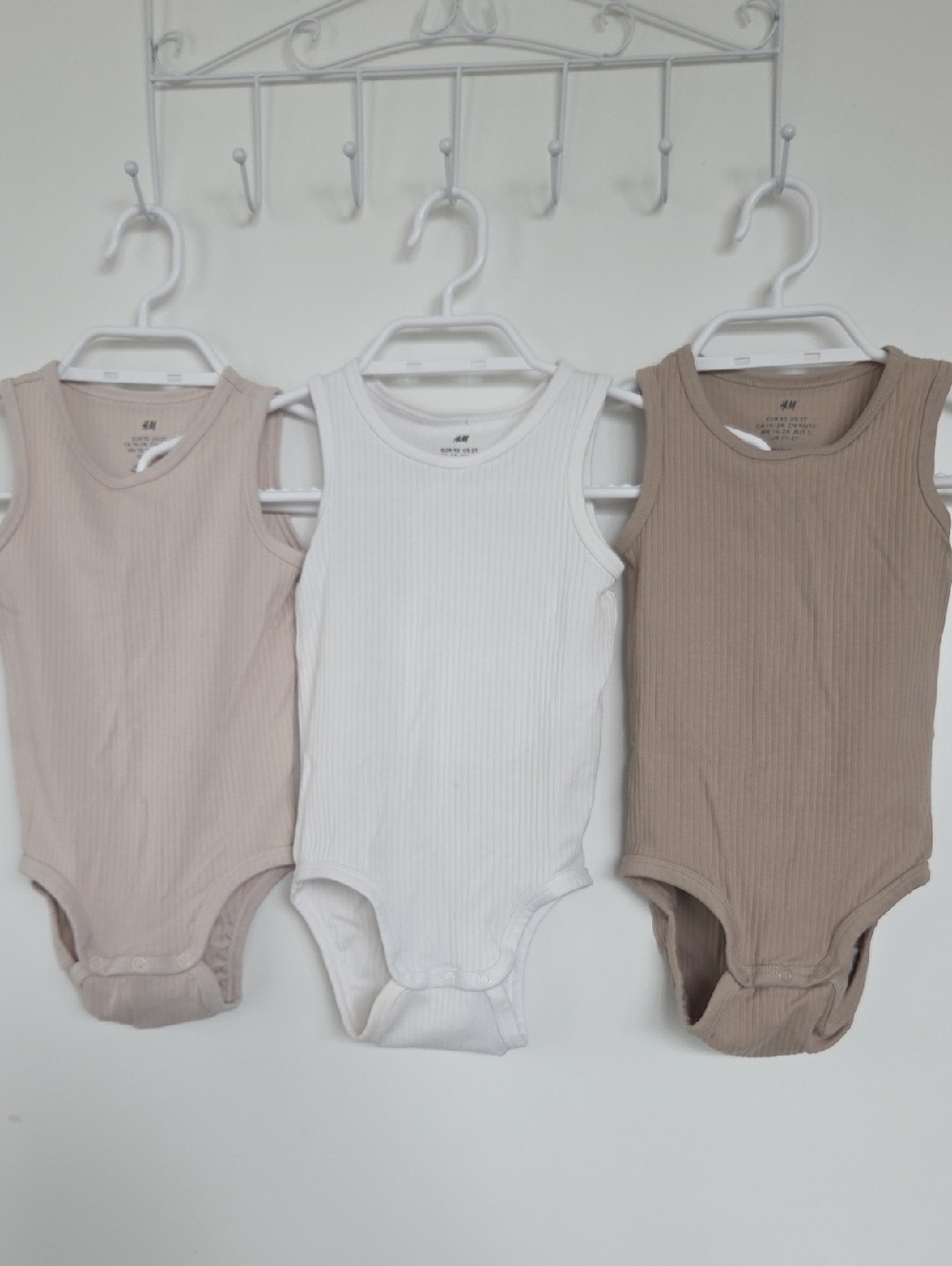 Set 3 - H&M Ribbed Sleeveless Bodysuit Trio - White, Beige & Brown